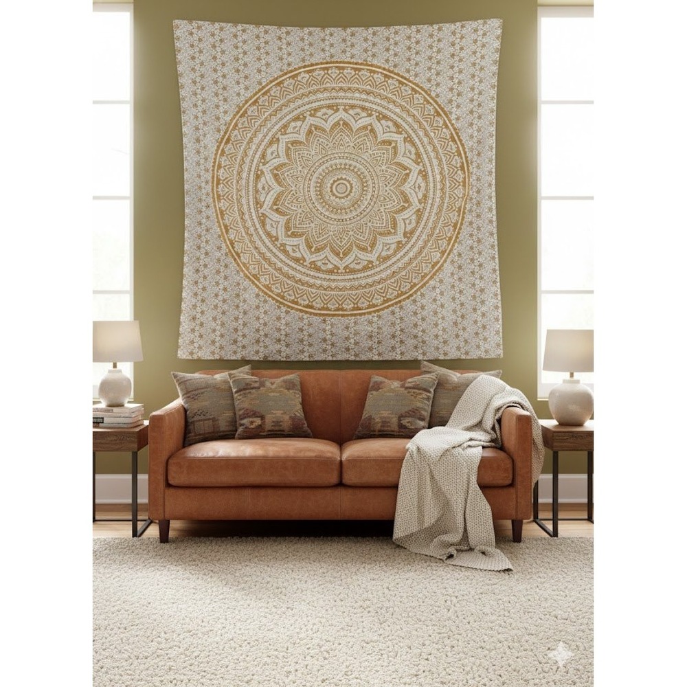 Pottery Barn Dorm‎ Gold Silver Metallic Mandala Tapestry Wall Hanging 80x91